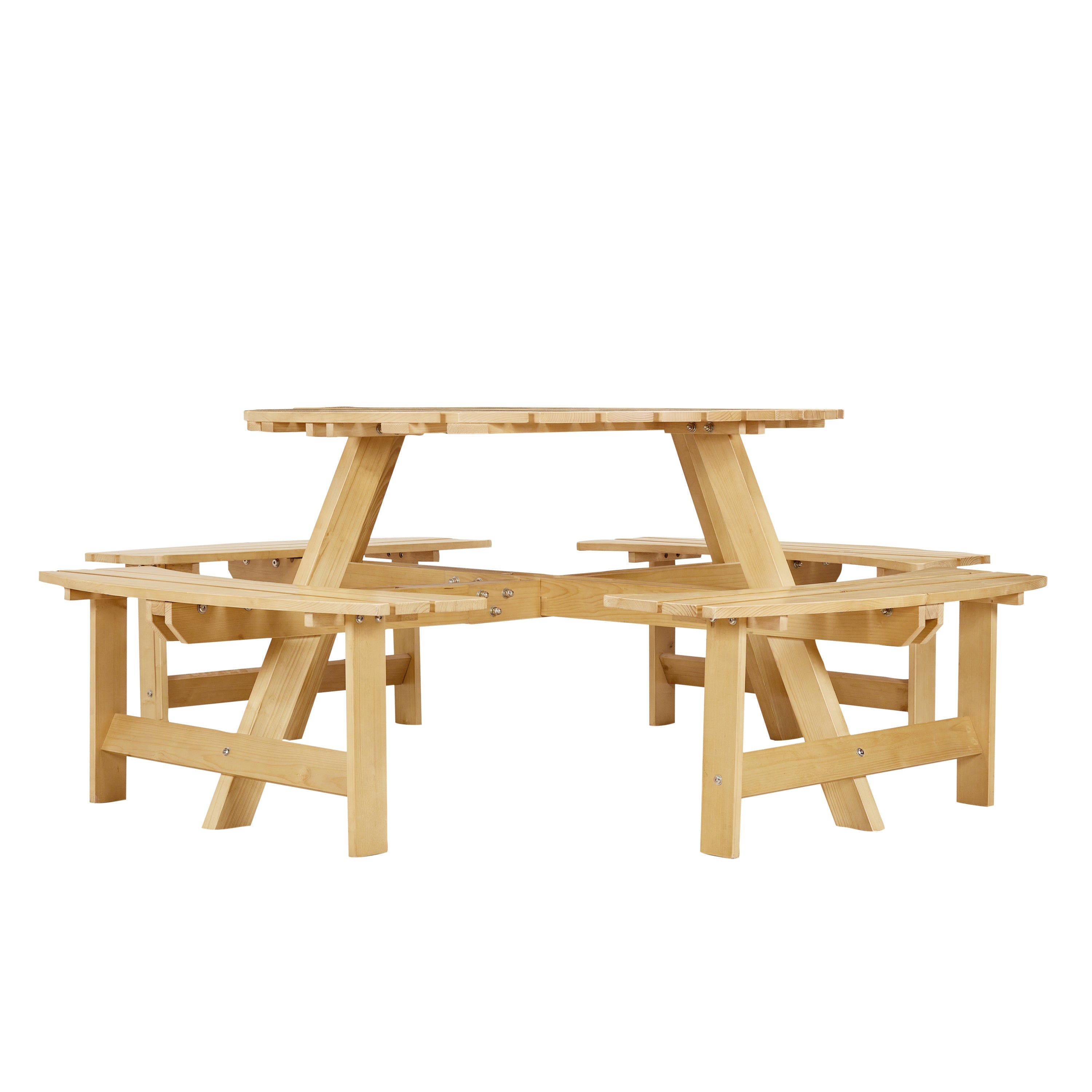 8-Person Round Picnic Table with 4 Built-in Benches - Natural Finish