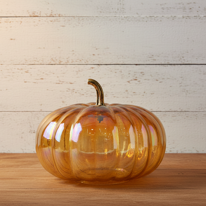 Amber Iridescent Glass Pumpkin with Brass Stem