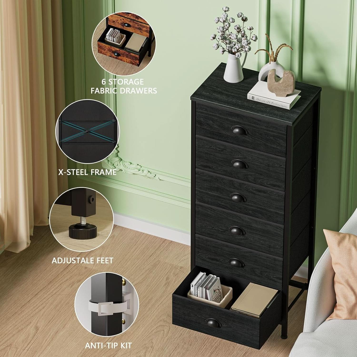 Tall Dresser With 6 Drawers - Black