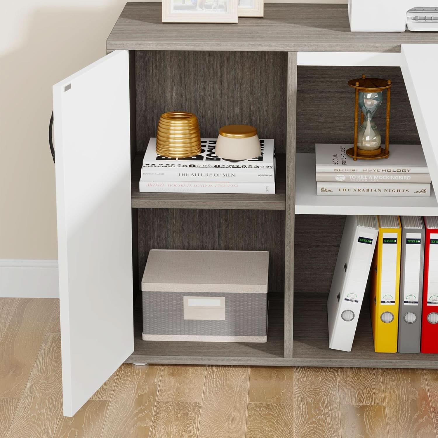 71 Inch L-Shape Executive Desk with Cabinets - 2 Tone Gray/White