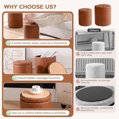 Brown Faux Leather Round Storage Nesting Ottomans - 2 pc Set