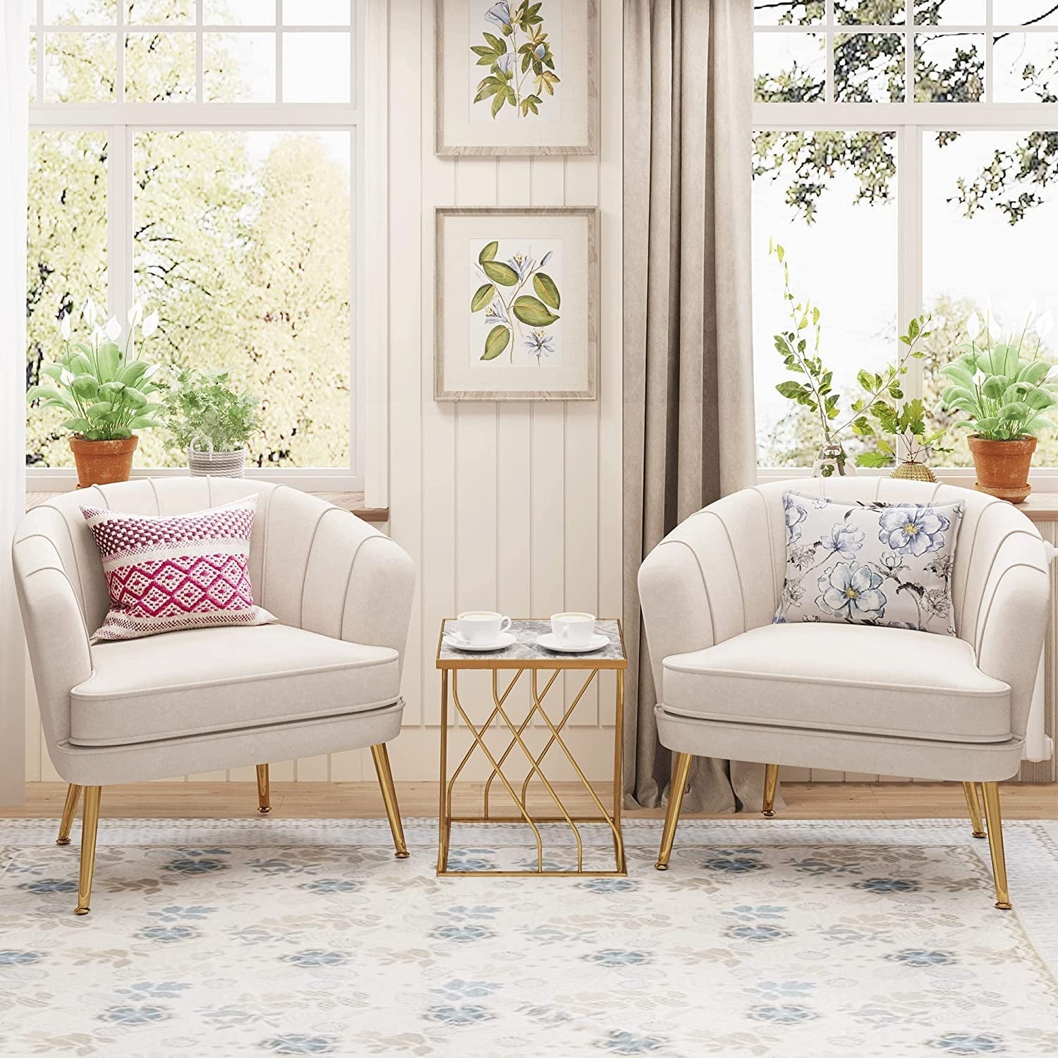 Beige Velvet Arm Chair With Gold Metal Accent
