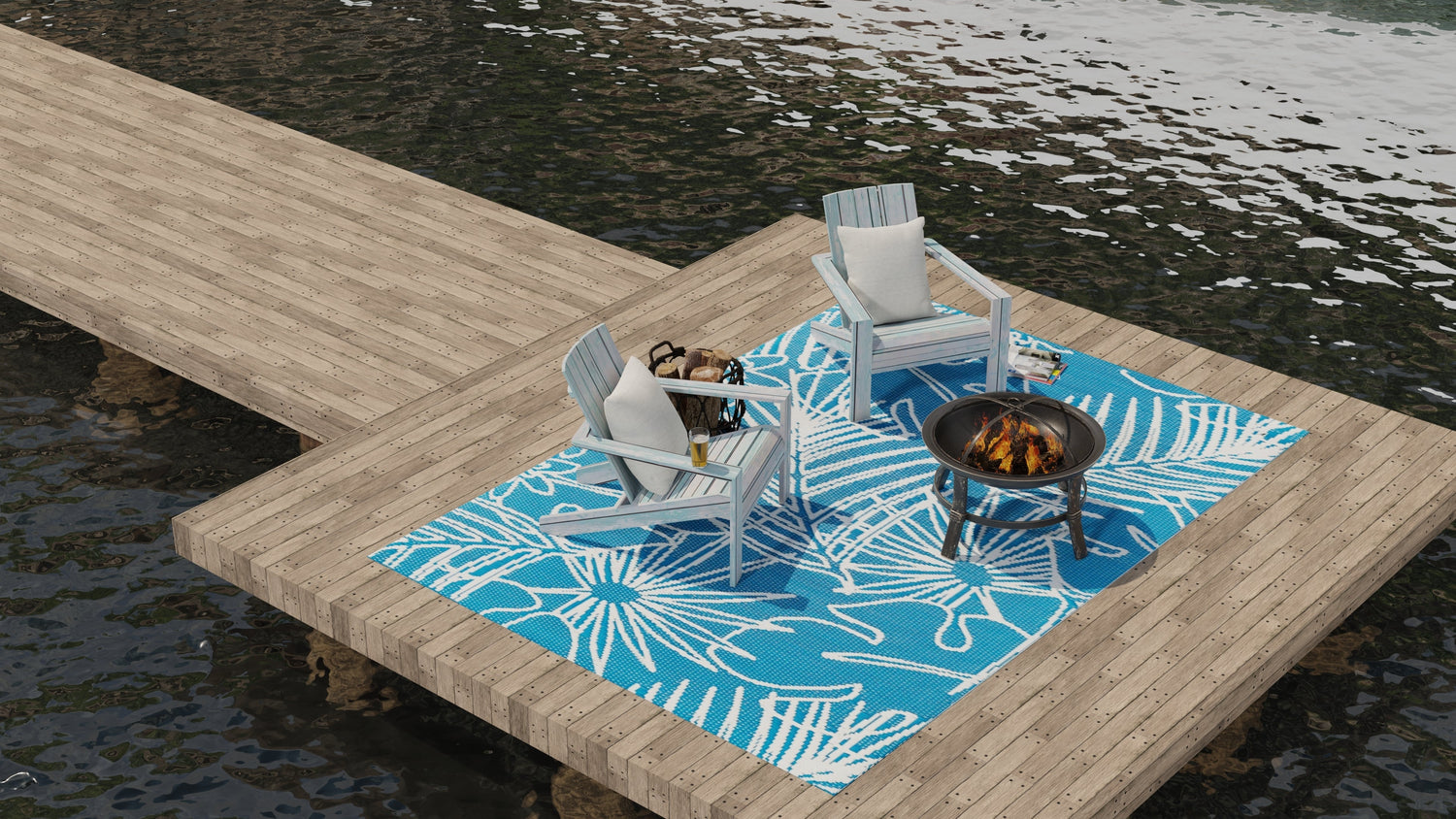 Palm Leaf Turquoise White Outdoor Mat