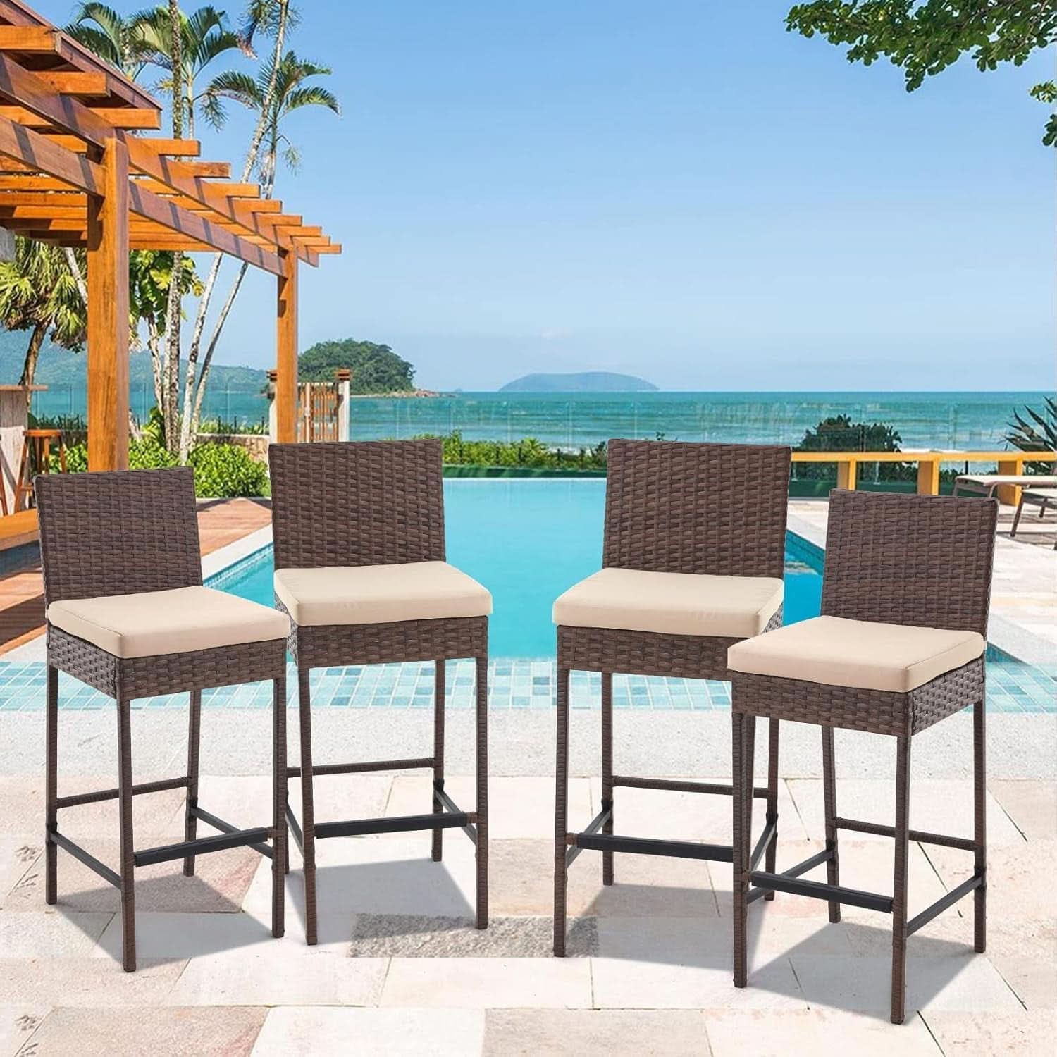 Outdoor Rattan Bar Stools w/ Beige Cushions - Set of 4