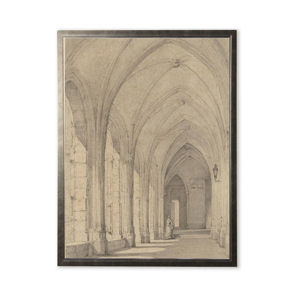 Church Hallway Painting Print in Silver Frame - 24 x 18 inch