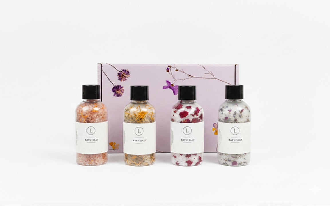 Luxurious Natural Bath Salts Discovery Set - 4 Botanical Glass Bottles