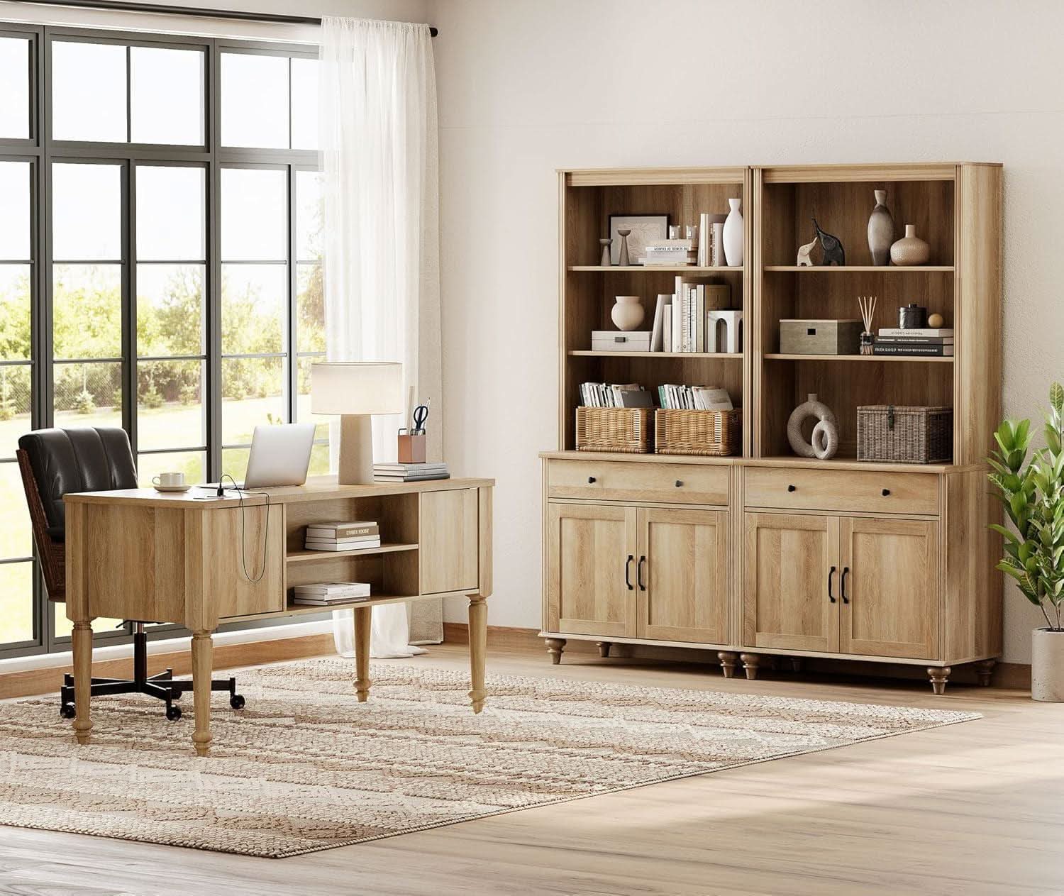 Contemporary Home Workstation Desk + 2 Storage Cabinets/Bookshelves in Distressed Oak Finish