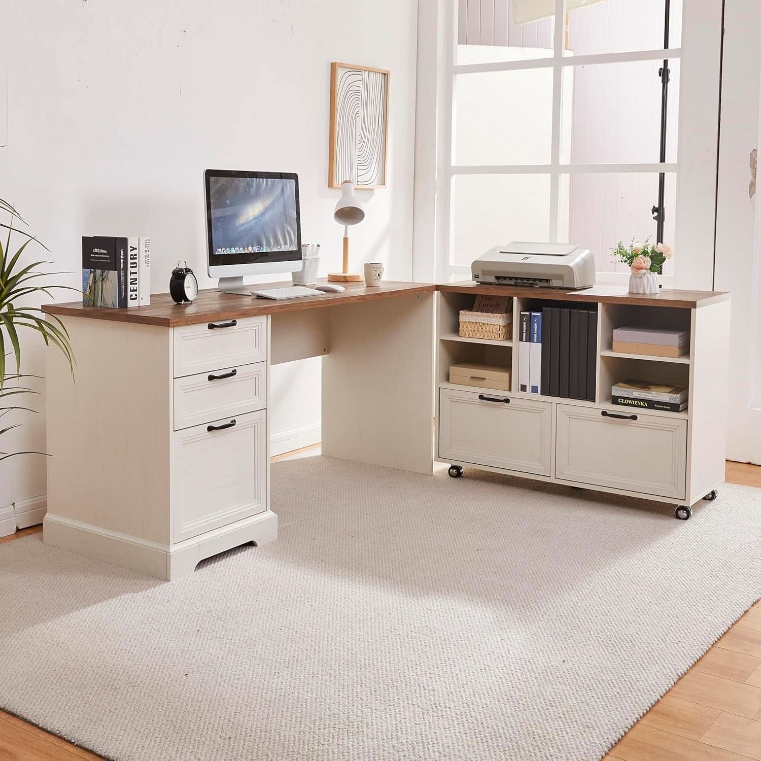 2 Piece Office Workstation with Desk + Rolling File Cabinet in 2 Toned White/Brown