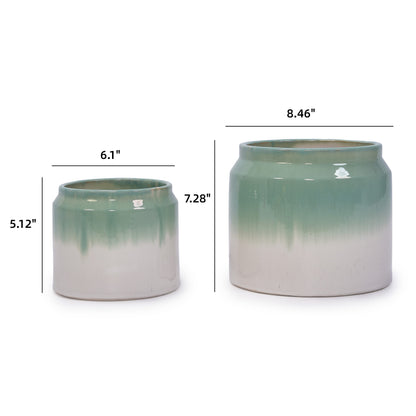 Set of 2 Gradient Ceramic Flowerpots - White/Green