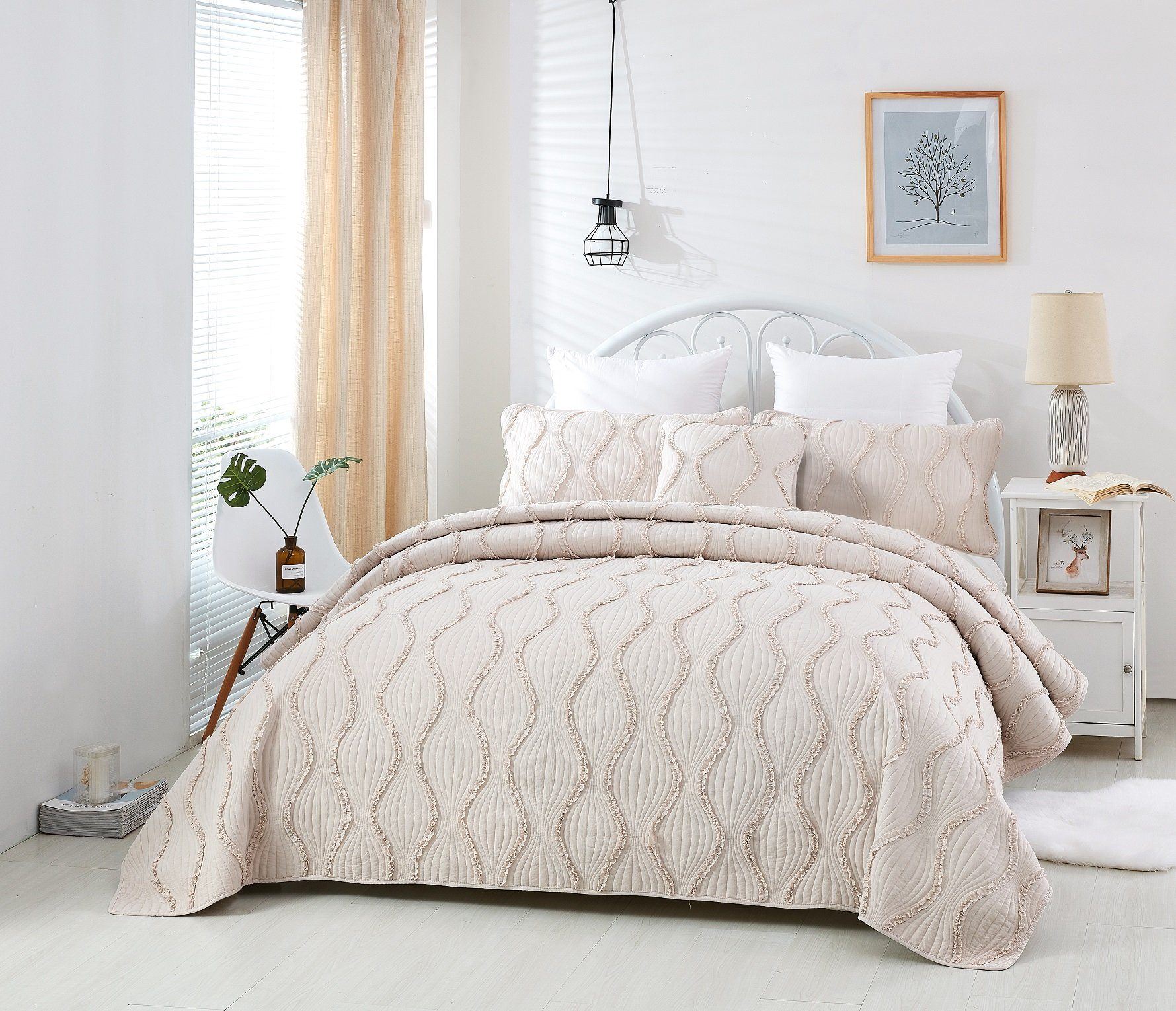 French Country Ruffles Quilted Cotton Bedding Set - Cream