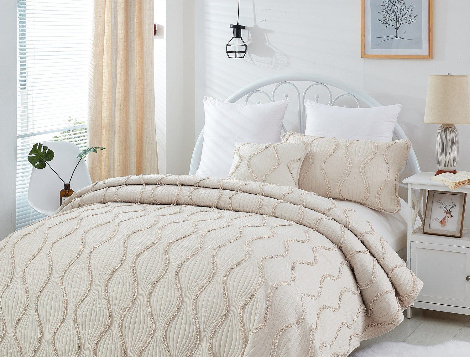French Country Ruffles Quilted Cotton Bedding Set - Cream