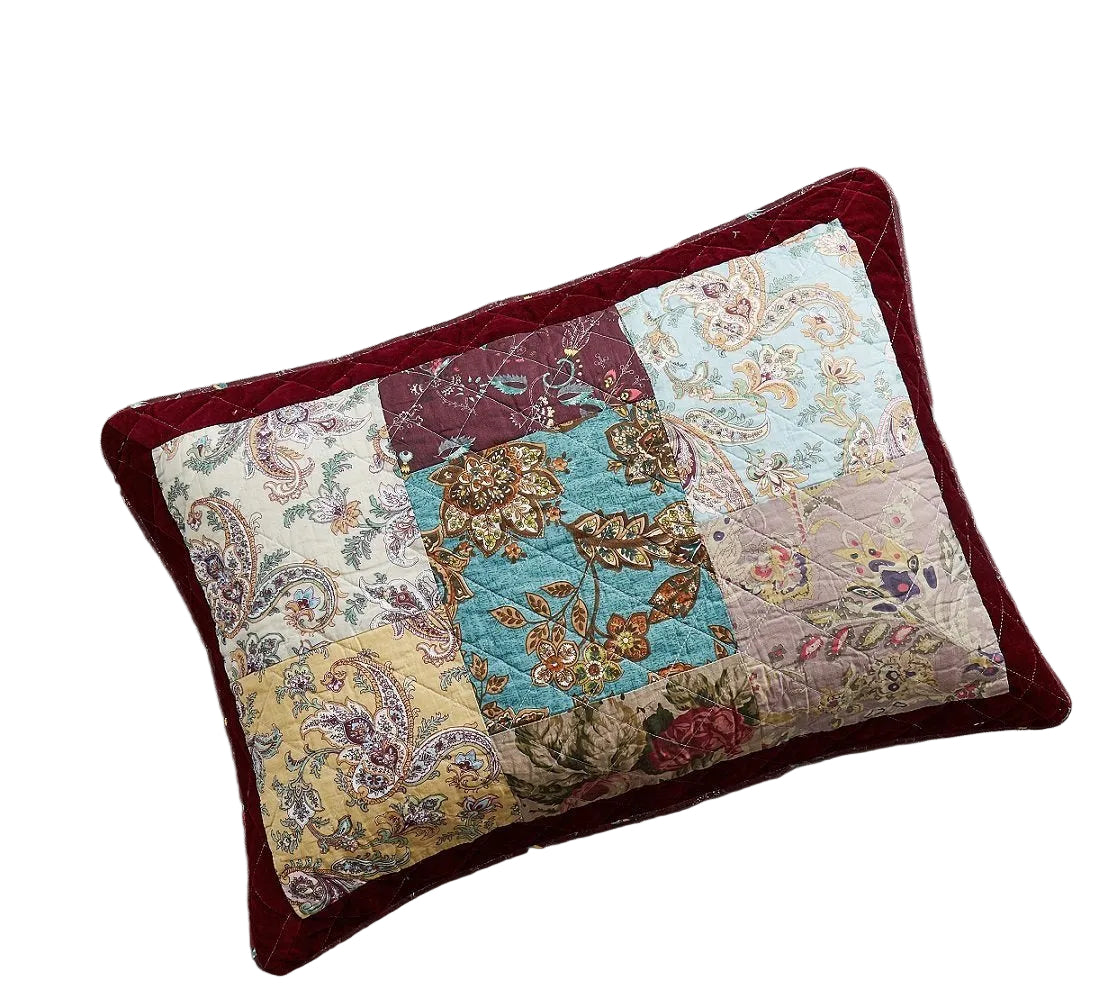 Bohemian Burgundy Velvet Trim Floral Paisley Patchwork Cotton Bedding