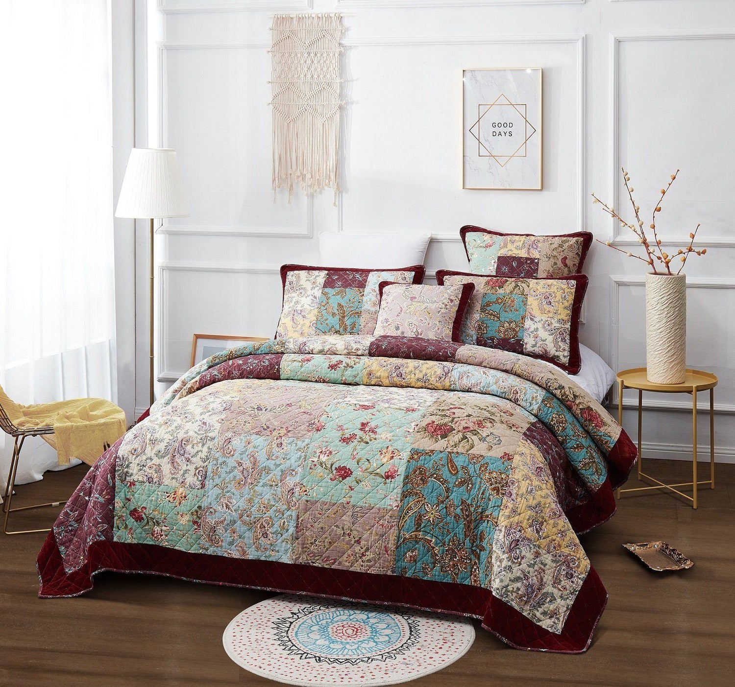Bohemian Burgundy Velvet Trim Floral Paisley Patchwork Cotton Bedding