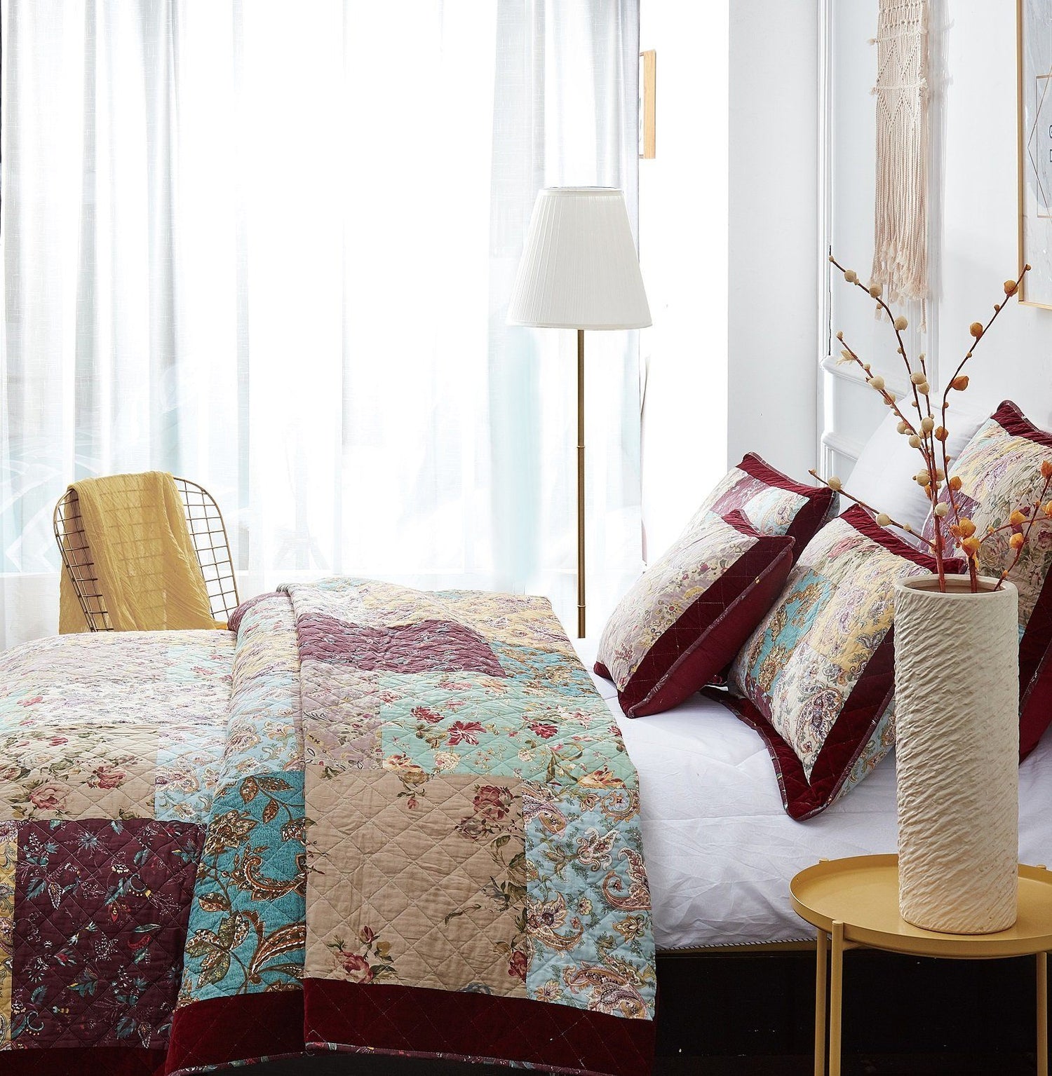 Bohemian Burgundy Velvet Trim Floral Paisley Patchwork Cotton Bedding