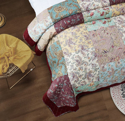 Bohemian Burgundy Velvet Trim Floral Paisley Patchwork Cotton Bedding