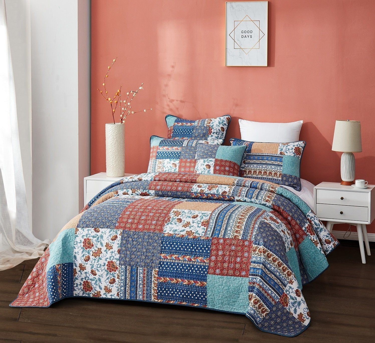 Boho Vibes Mediterranean Blue Patchwork Quilted Bedding