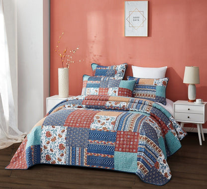Boho Vibes Mediterranean Blue Patchwork Quilted Bedding