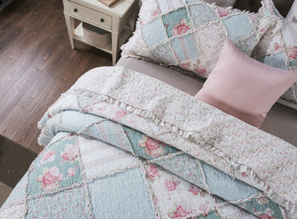 Hint of Mint Floral Pastel Cotton Patchwork Ruffle Quilted Bedding Set