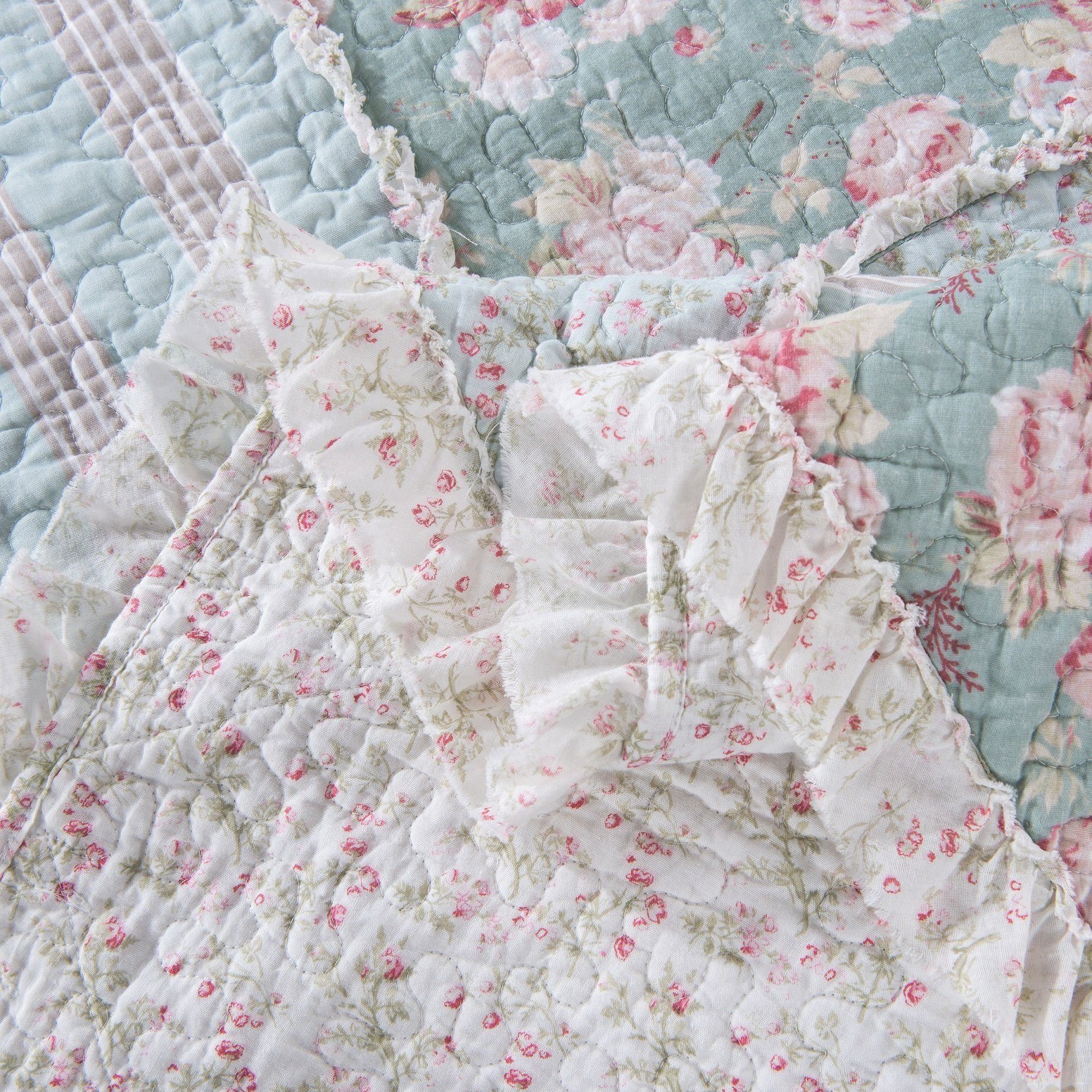 Hint of Mint Floral Pastel Cotton Patchwork Ruffle Quilted Bedding Set