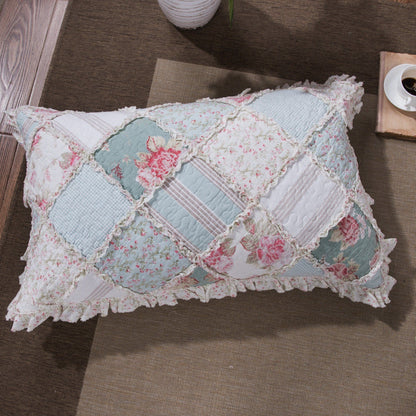 Hint of Mint Floral Pastel Cotton Patchwork Ruffle Quilted Bedding Set