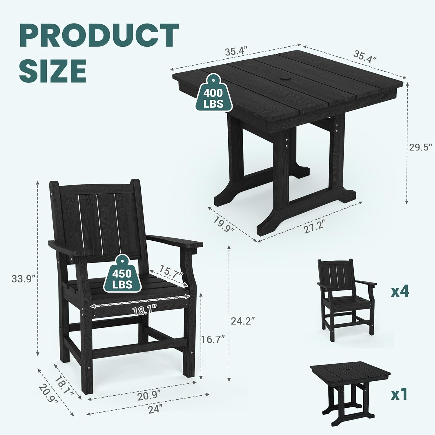 7-Piece HDPE Outdoor Dining Table and Chairs with Umbrella Hole - Multiple Sizes, 2 Colors
