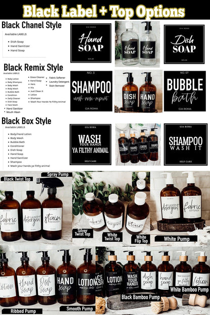 16oz Soap Bottles - Glass Amber|Black Label