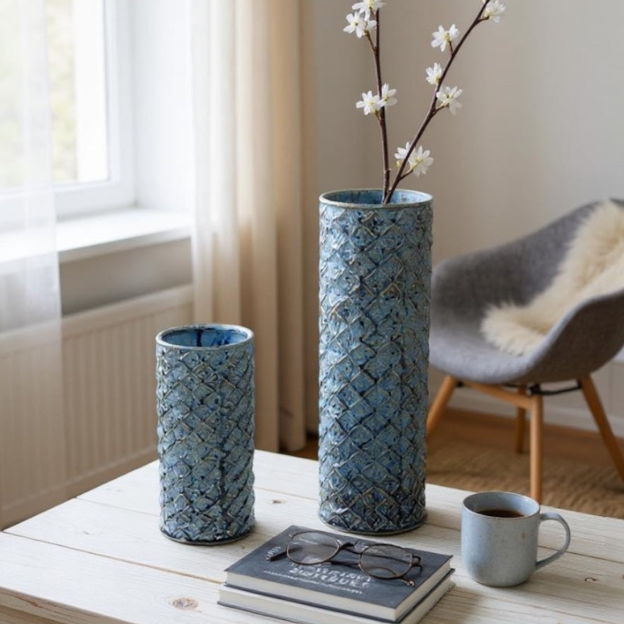 Blue Ceramic Diamond Pattern Vase | 2 Sizes