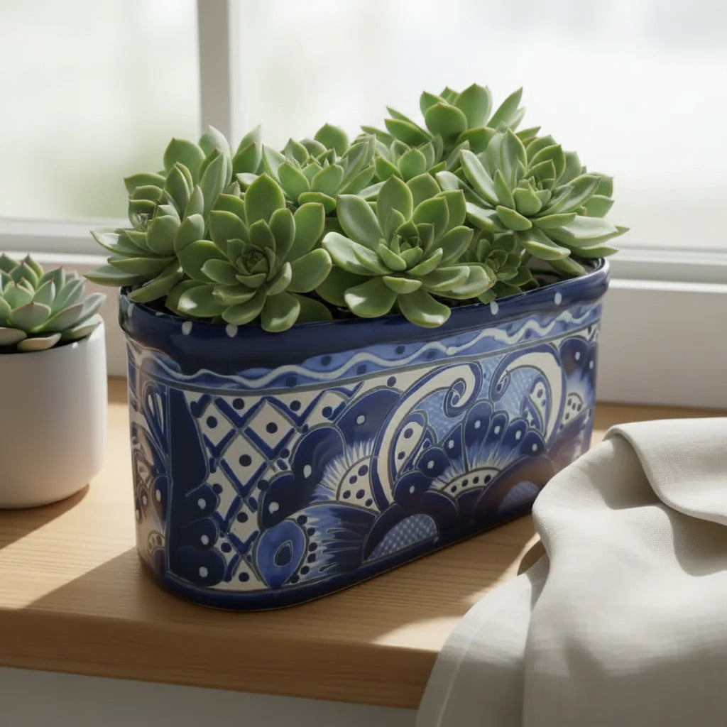 Blue and White Oval Talavera Planter | Mexican Ceramic Pot