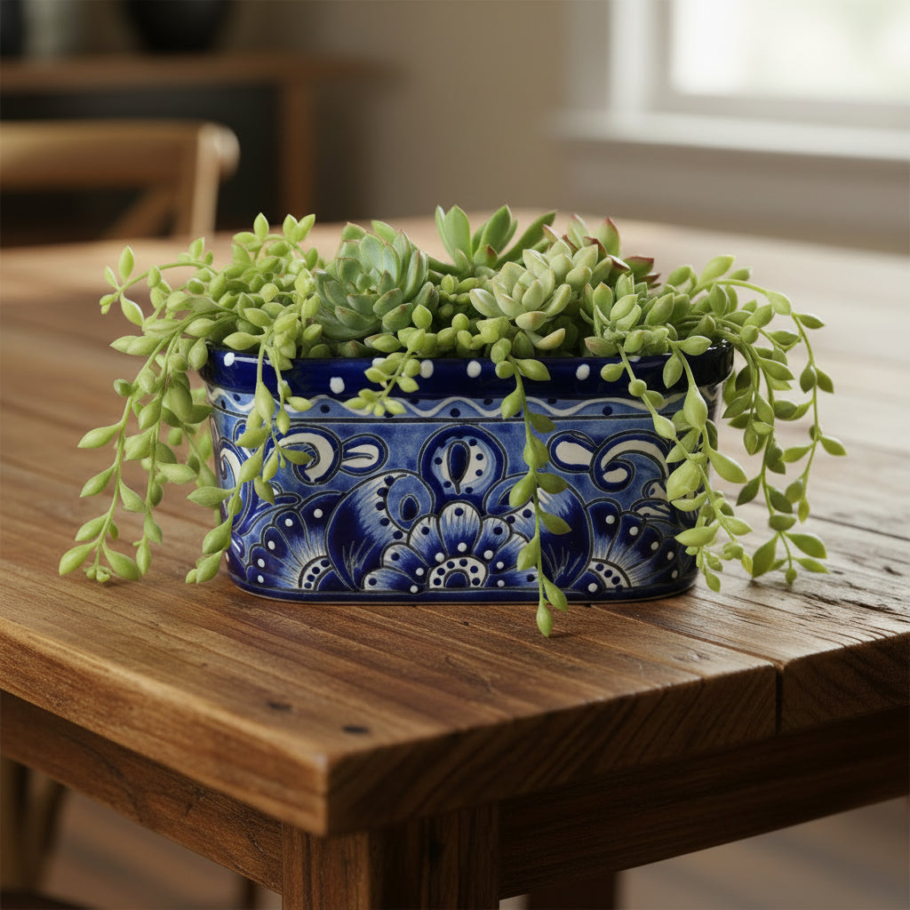 Blue and White Oval Talavera Planter | Mexican Ceramic Pot