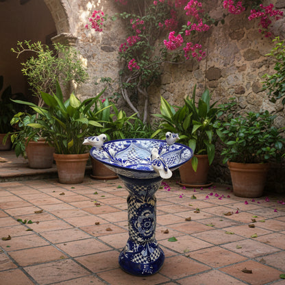 Blue &amp; White Talavera Bird Bath with Rim Birds | Mexican Garden Art