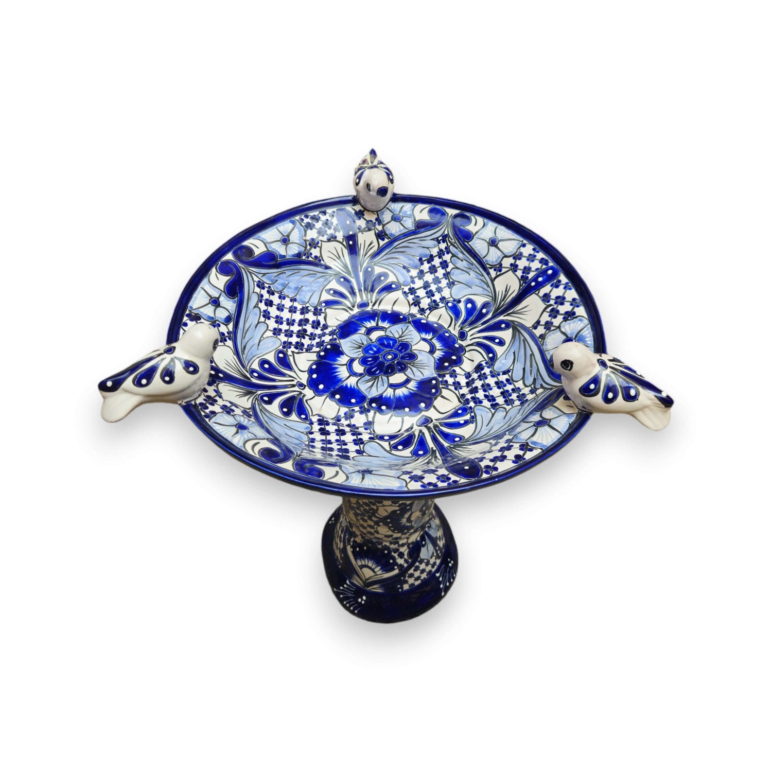 Blue &amp; White Talavera Bird Bath with Rim Birds | Mexican Garden Art