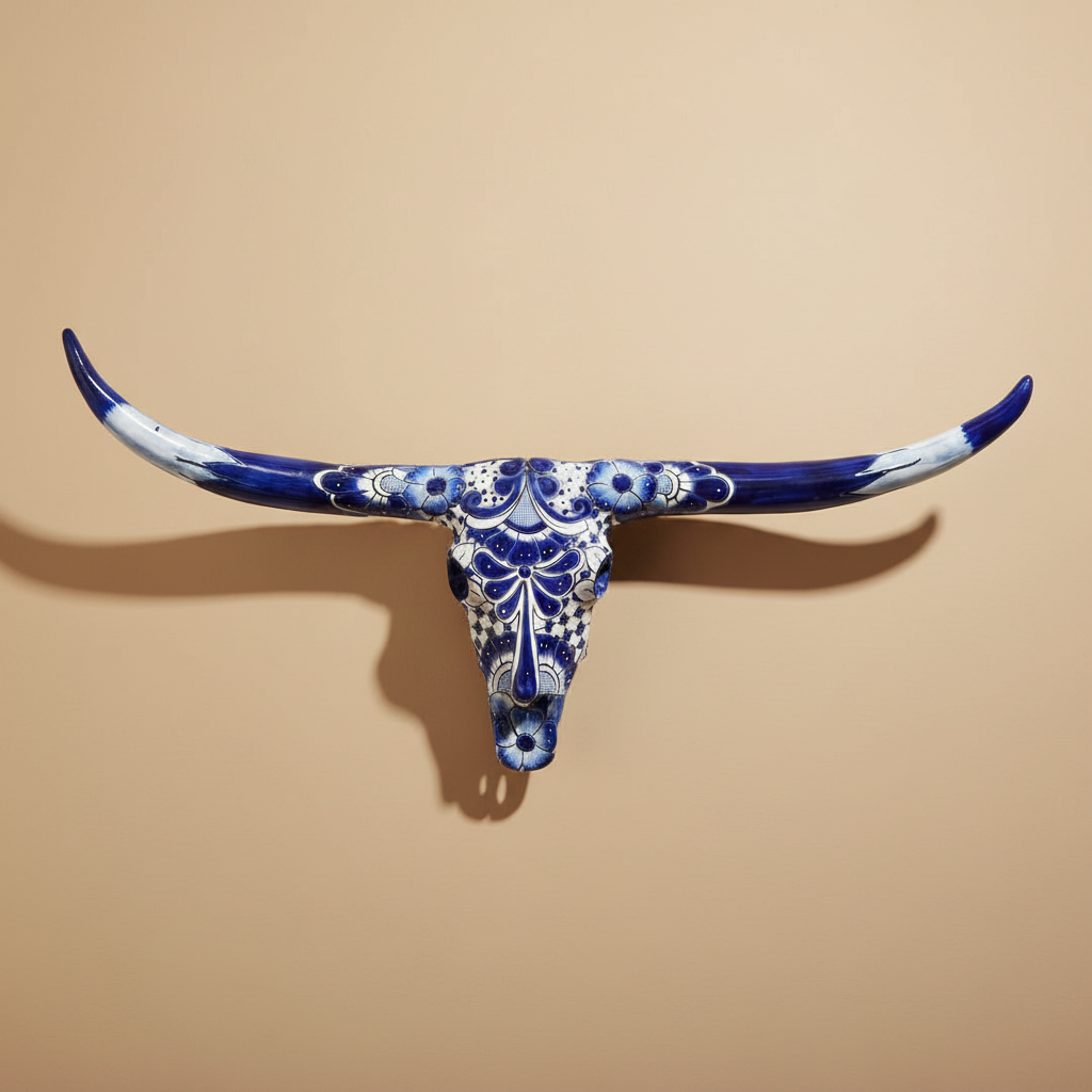 Talavera Longhorn Skull | Blue &amp; White Mexican Wall Art