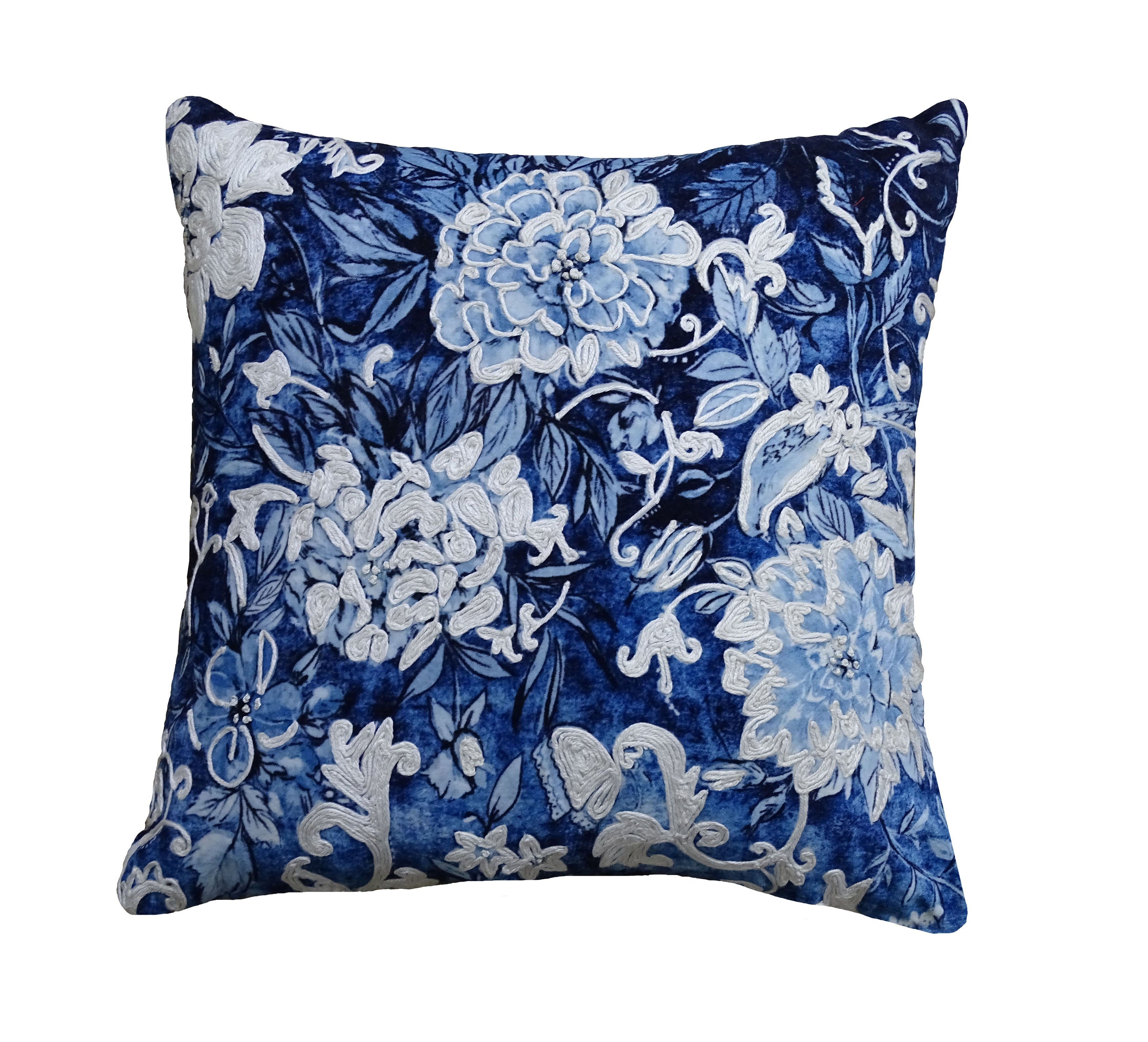 Handmade Azure Blue Floral Throw Pillow