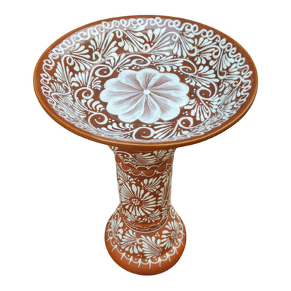 Brown &amp; White Talavera Bird Bath | Handmade Garden Accent