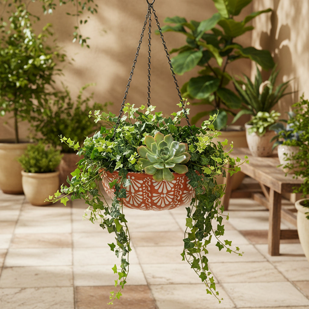 Brown &amp; White Talavera Hanging Planter | Mexican Ceramic Pot