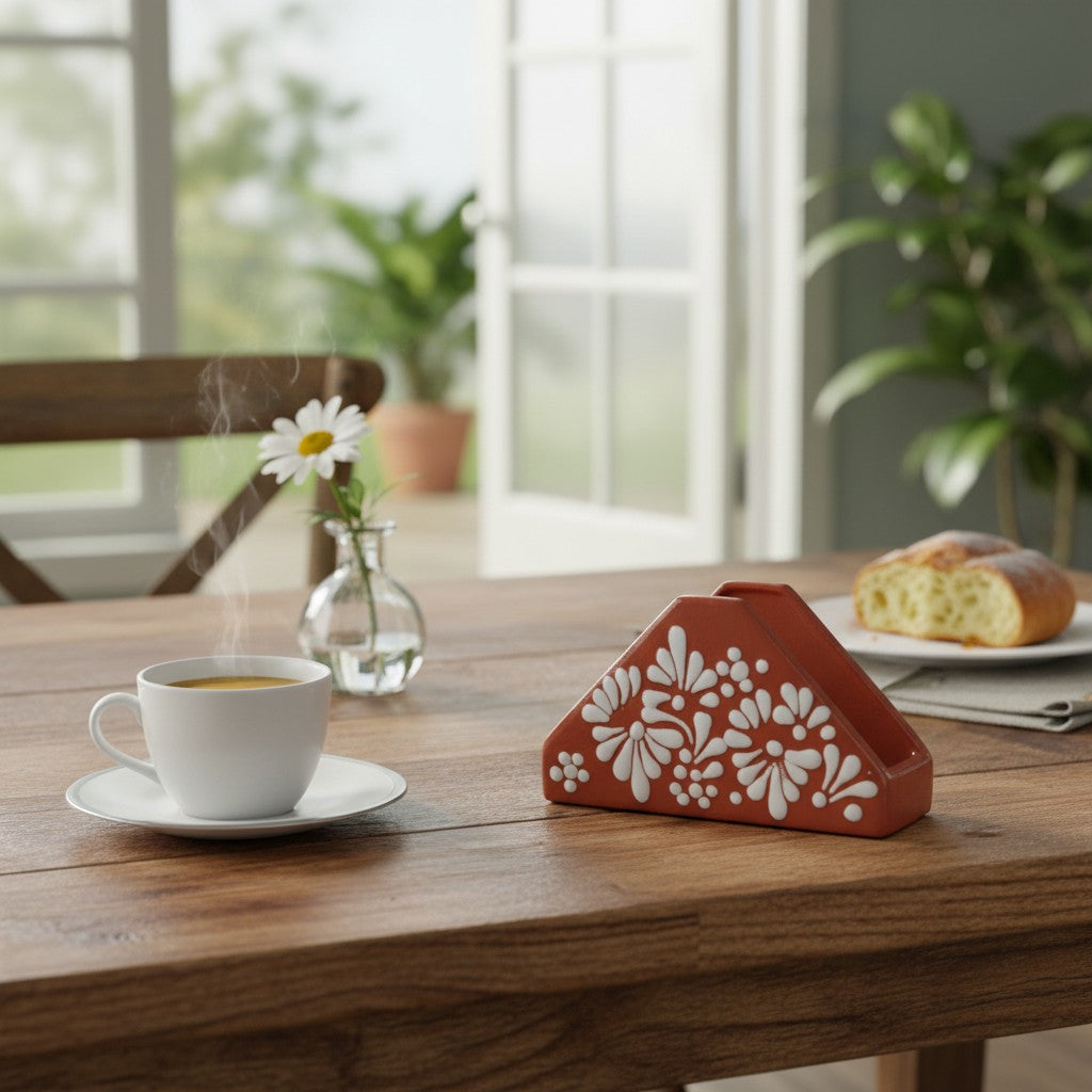 Brown &amp; White Talavera Napkin Holder | Floral Glazed Design
