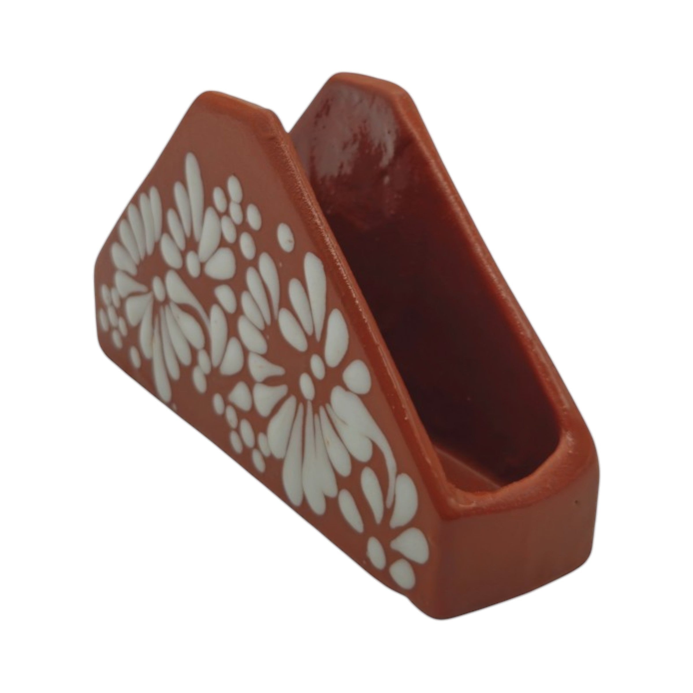 Brown &amp; White Talavera Napkin Holder | Floral Glazed Design