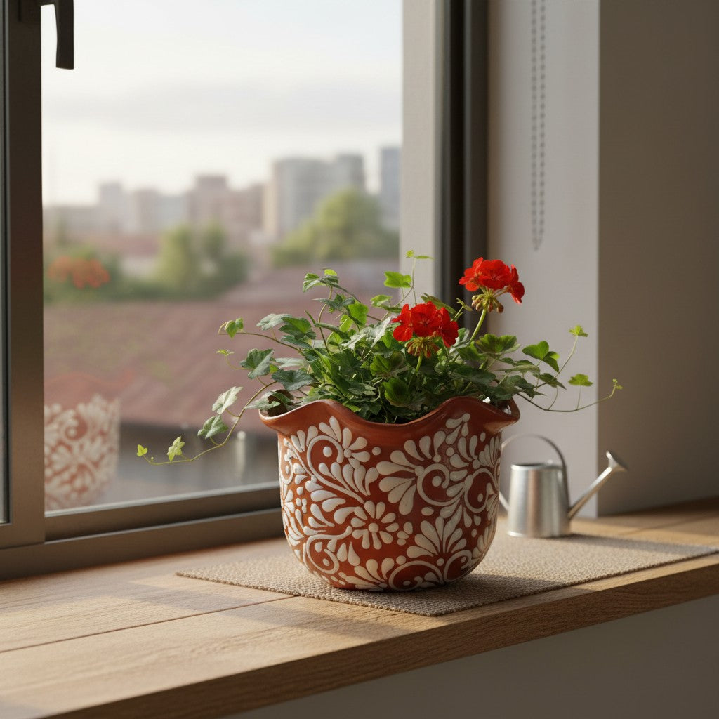 Brown &amp; White Talavera Planter | Handcrafted Wavy Rim Pot