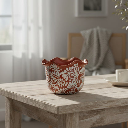 Brown &amp; White Talavera Planter | Handcrafted Wavy Rim Pot