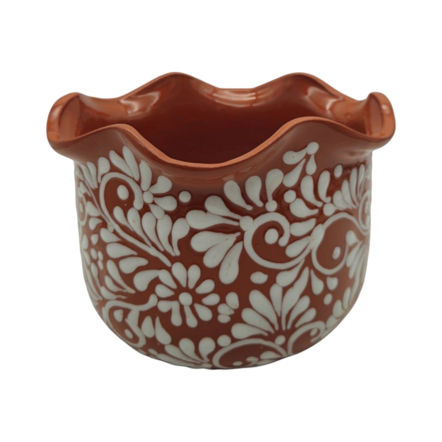 Brown &amp; White Talavera Planter | Handcrafted Wavy Rim Pot
