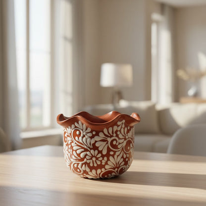 Brown &amp; White Talavera Planter | Handcrafted Wavy Rim Pot