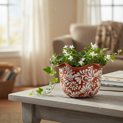 Brown &amp; White Talavera Planter | Handcrafted Wavy Rim Pot