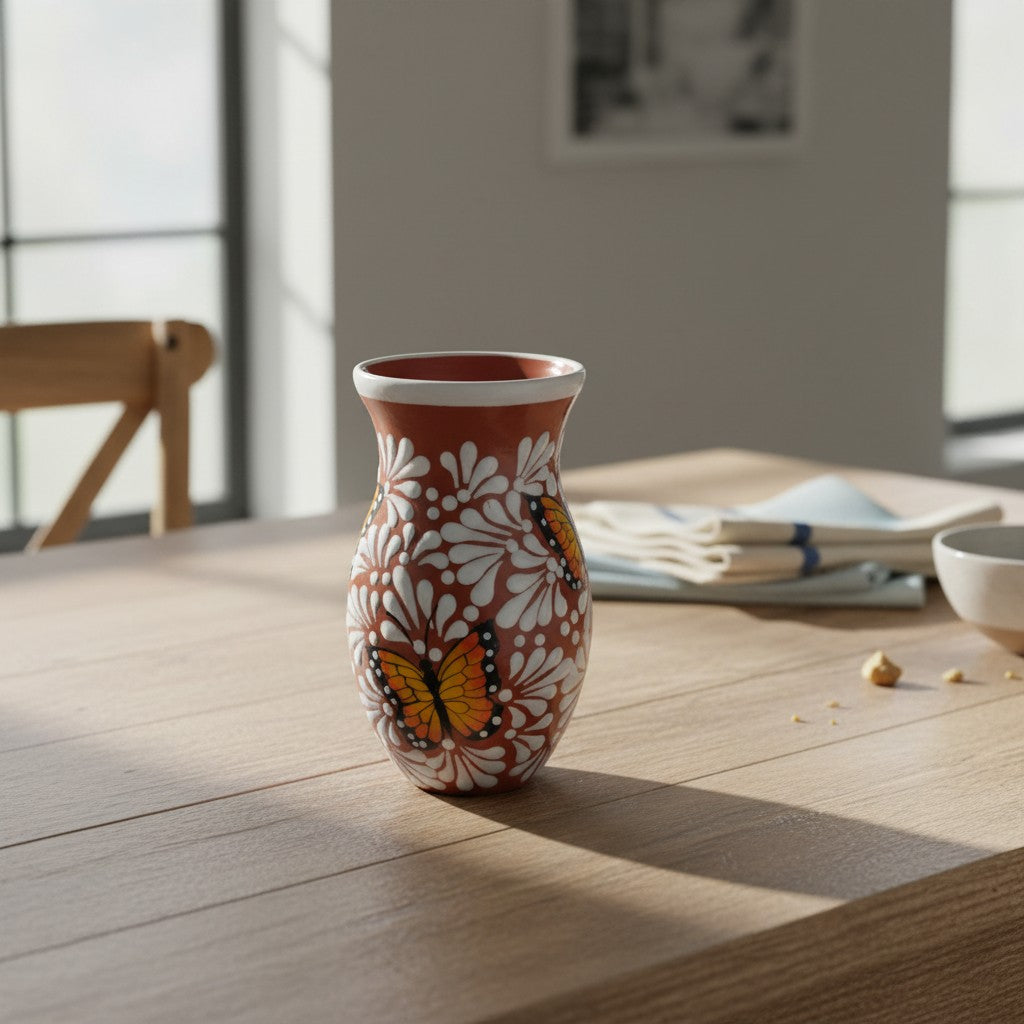 Brown &amp; White Talavera Vase | Monarch Butterfly Relief Design