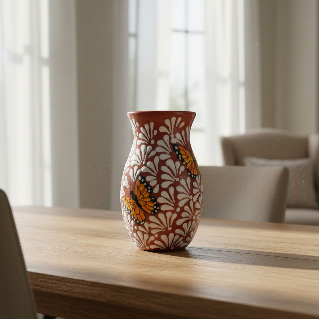 Brown &amp; White Talavera Vase | Monarch Butterfly Relief Design