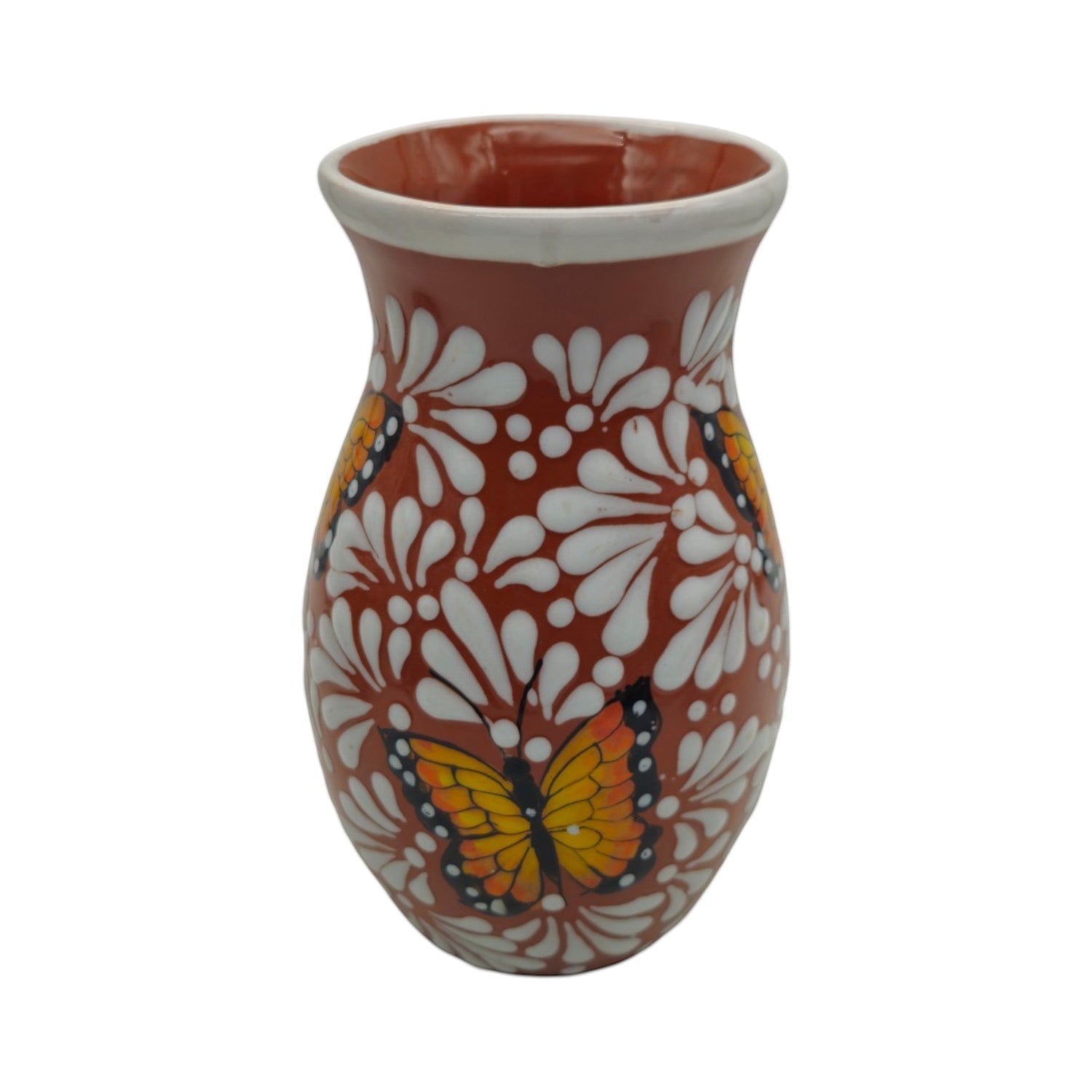 Brown &amp; White Talavera Vase | Monarch Butterfly Relief Design