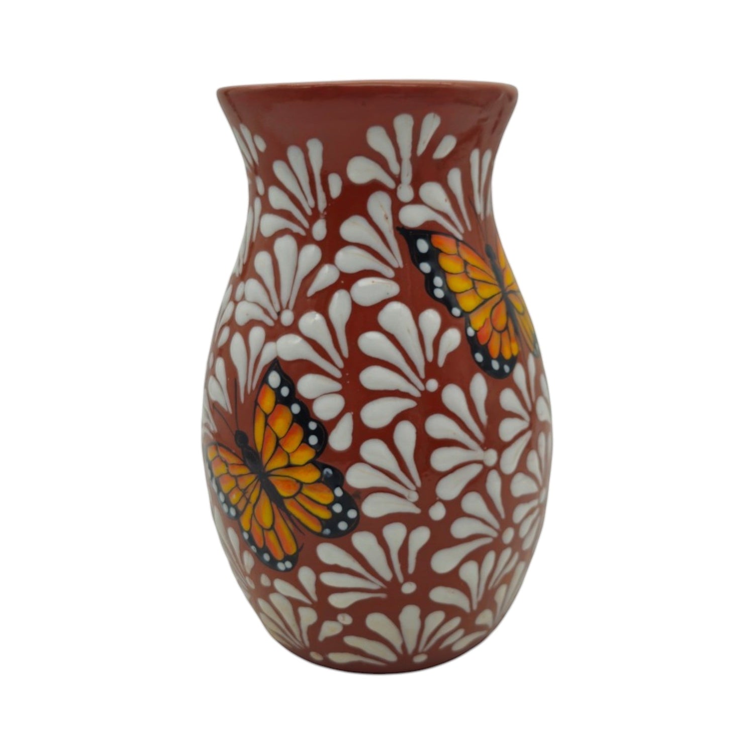 Brown &amp; White Talavera Vase | Monarch Butterfly Relief Design