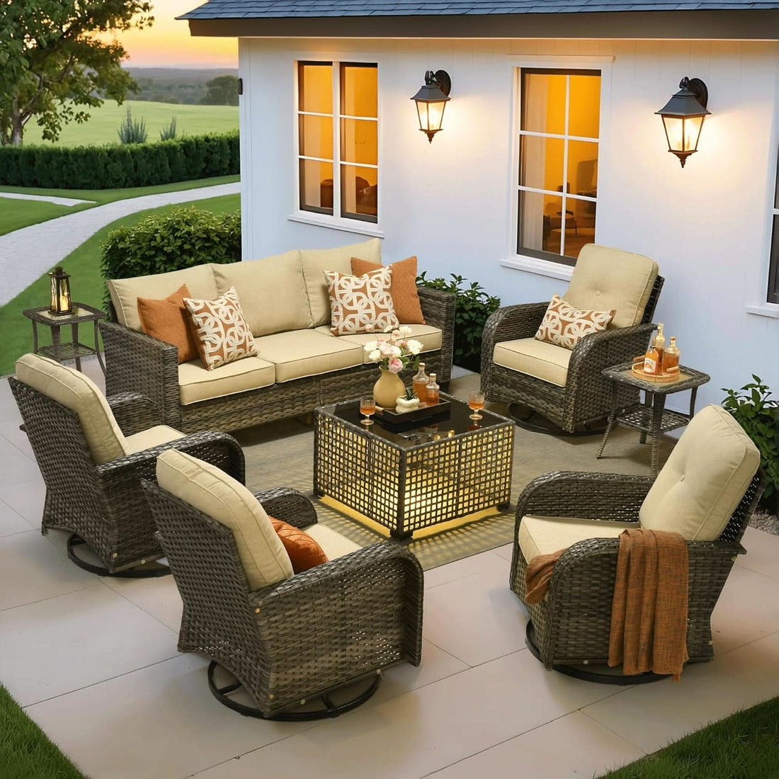 Modern 8 Piece Wicker Patio Set with Swivel Rocking Chairs and Sofa - Beige