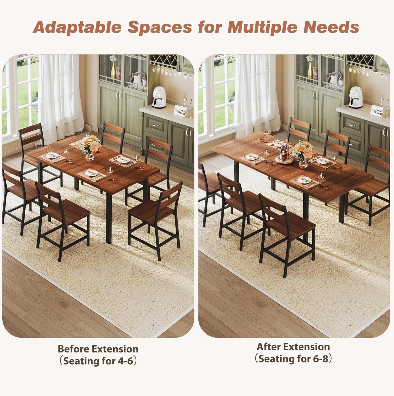 Walnut 63 Inch Extendable Dining Table Set For Six