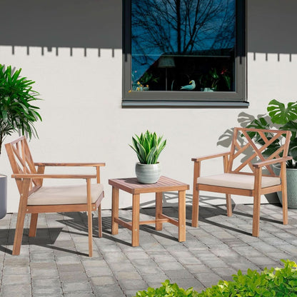 3 Piece Outdoor Acacia Wood Cushioned Chairs And Coffee Table Set