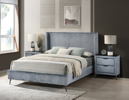 Mavela Wide Wale Corduroy Upholstery Panel Queen Bed with 2 Nightstands, Blue